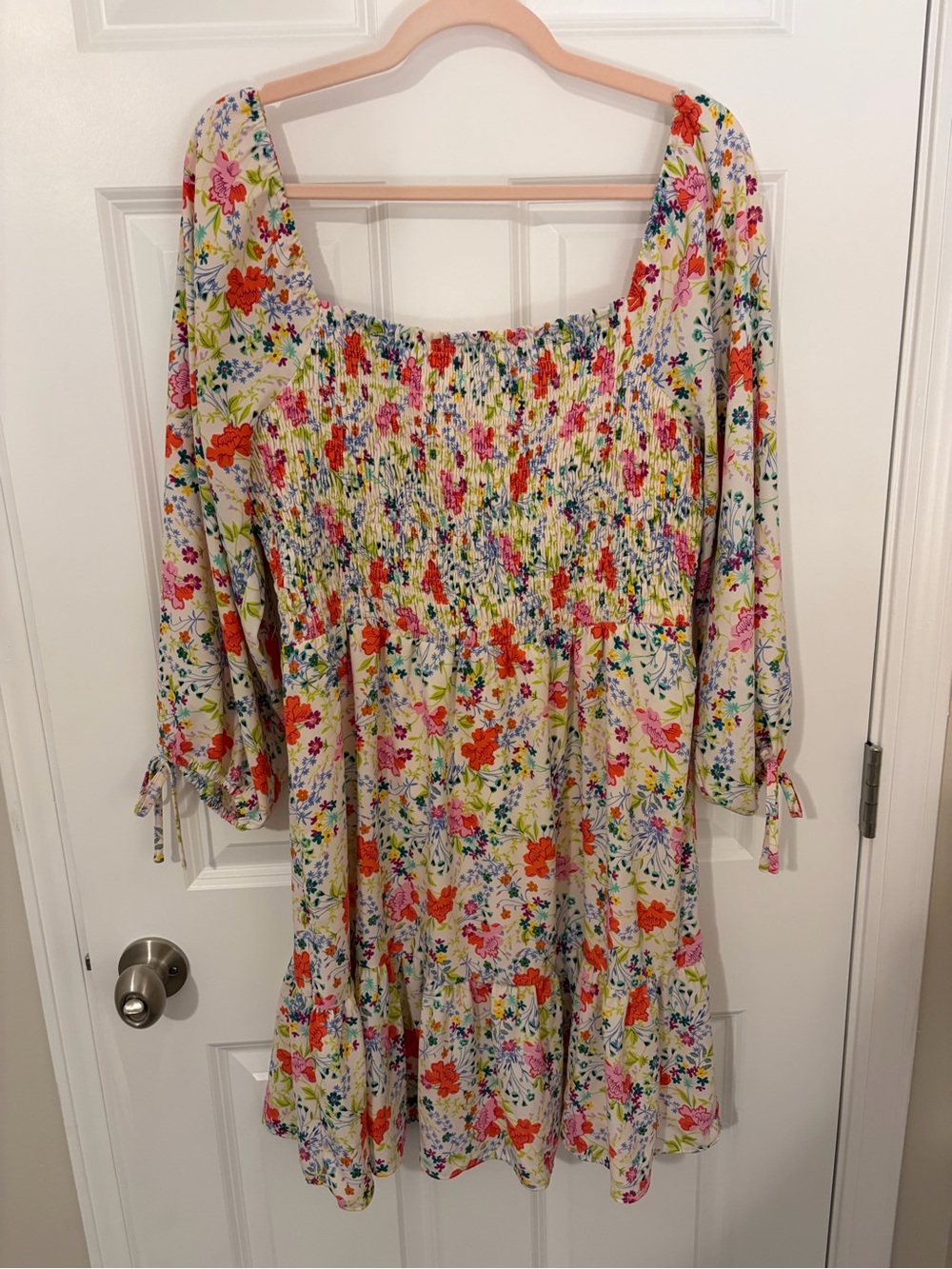 Floral Smocked Square-Neck Mini Dress - Cream Multi Large